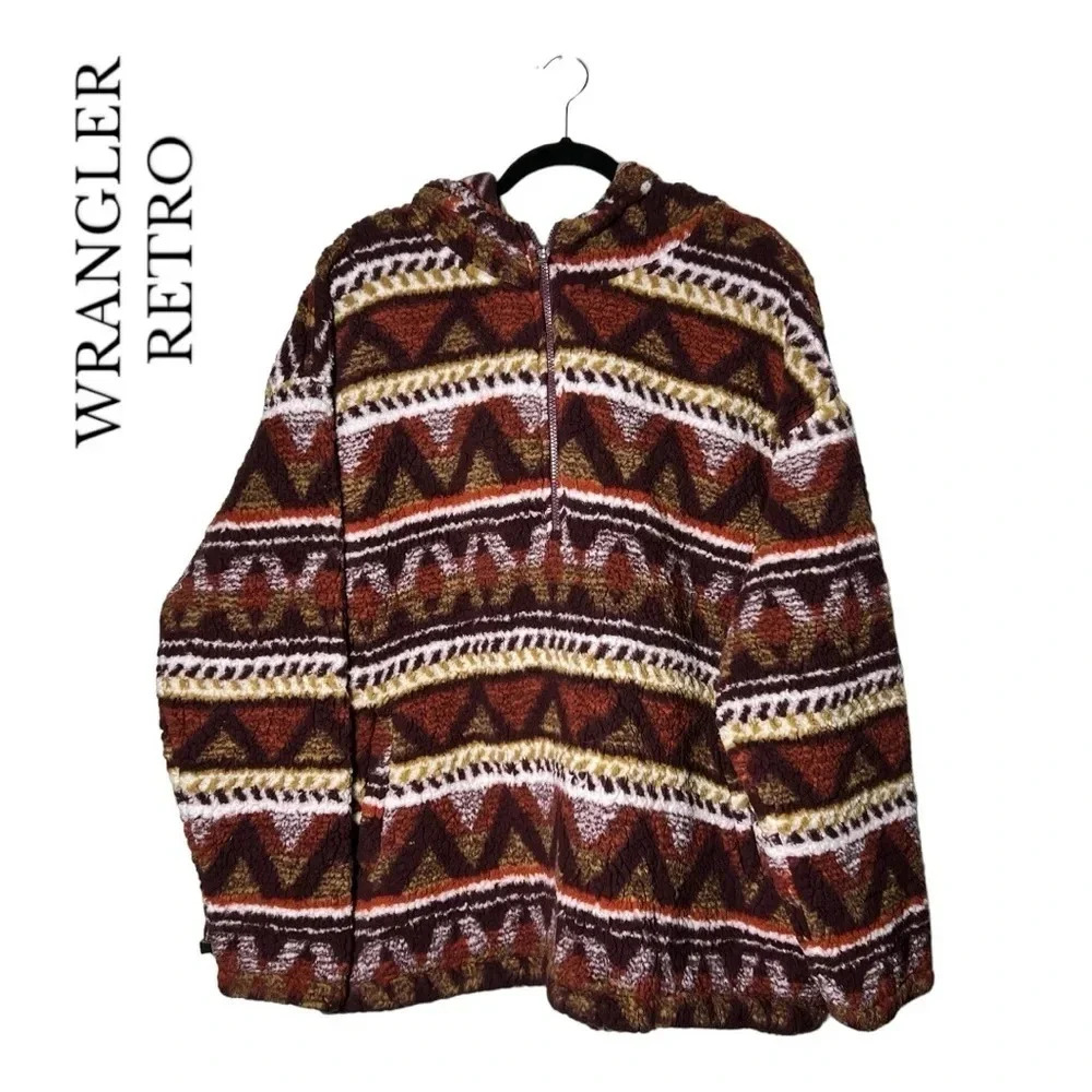 WRANGLER‎ RETRO FLEECE 1/4 ZIP PULLOVER JACKET AZTEC PATTERN BROWN/RED